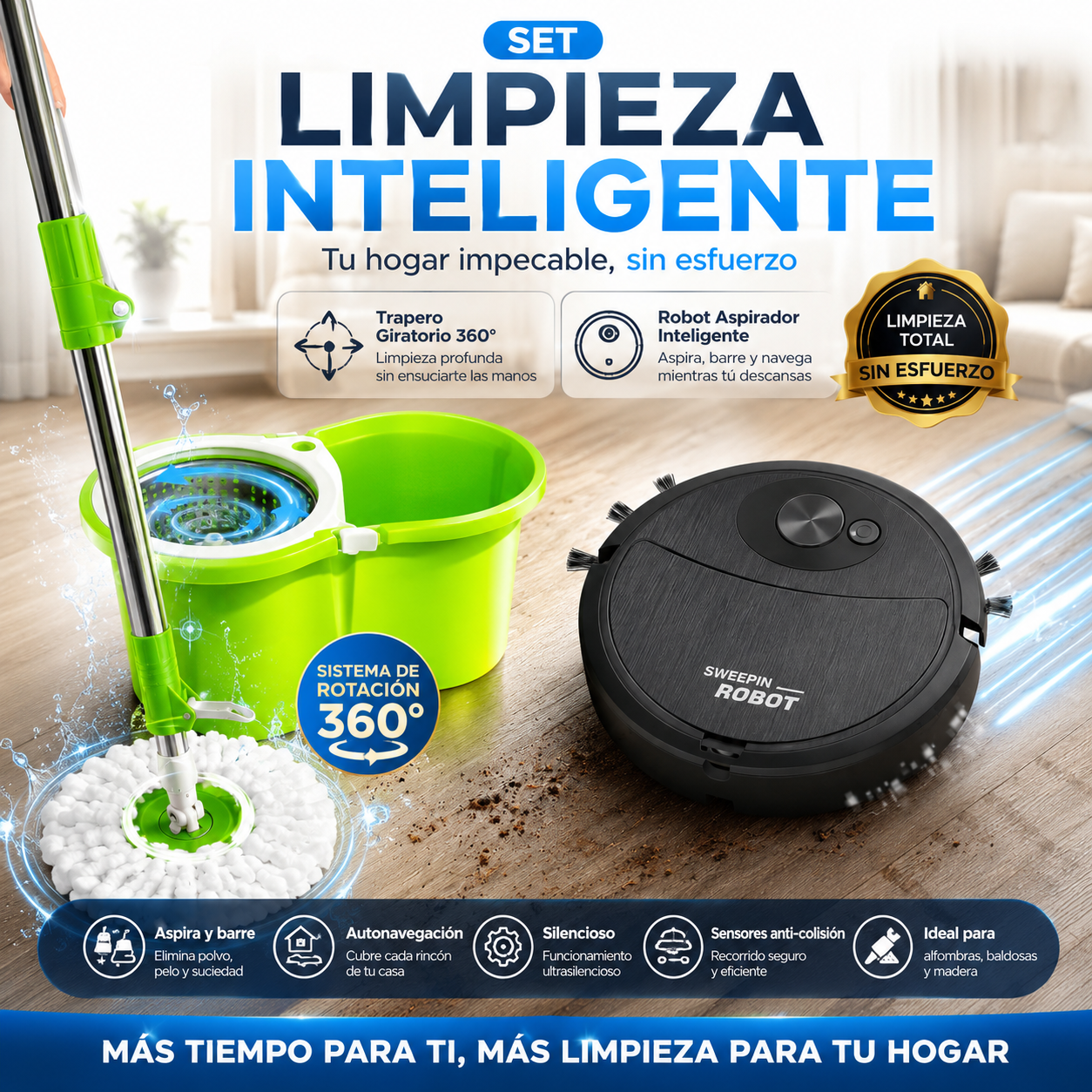 Set Limpieza Inteligente del Hogar – Aspiradora Robot + Trapero Giratorio 360° Aspiradora robot y trapero - Image 1