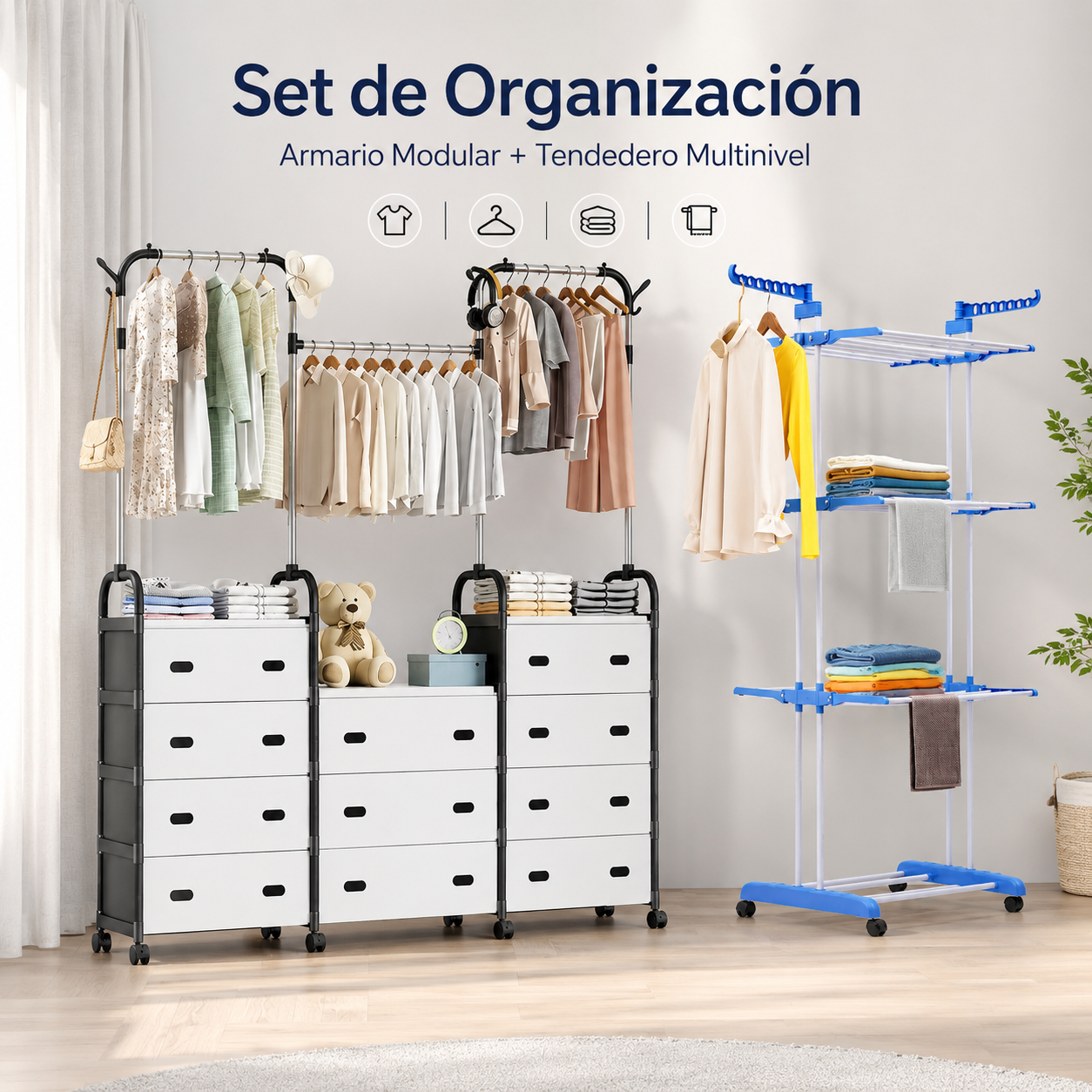 Set de Organización para Ropa Armario Modular + Tendedero Multinivel con Ruedas Set armario modular - Image 1