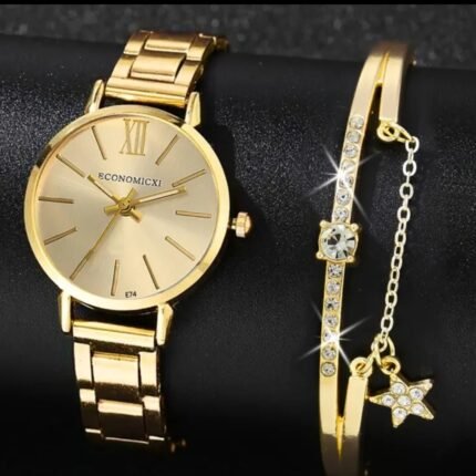 Combo Reloj Esmeralda Dorado